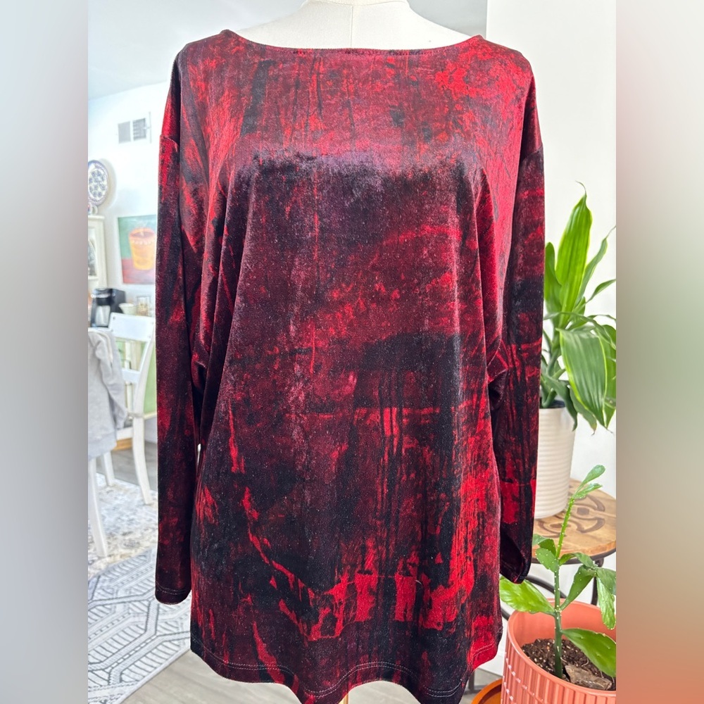 Red and Black Velvet-Look Long Split- Sleeve Pullover Top  SKU 10